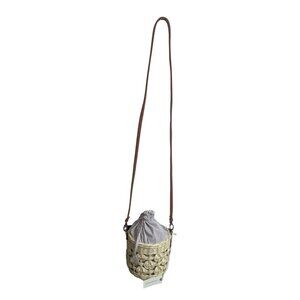 Anthropologie Woven Rattan Crossbody Bag With Striped Cotton Lining & Faux Leath